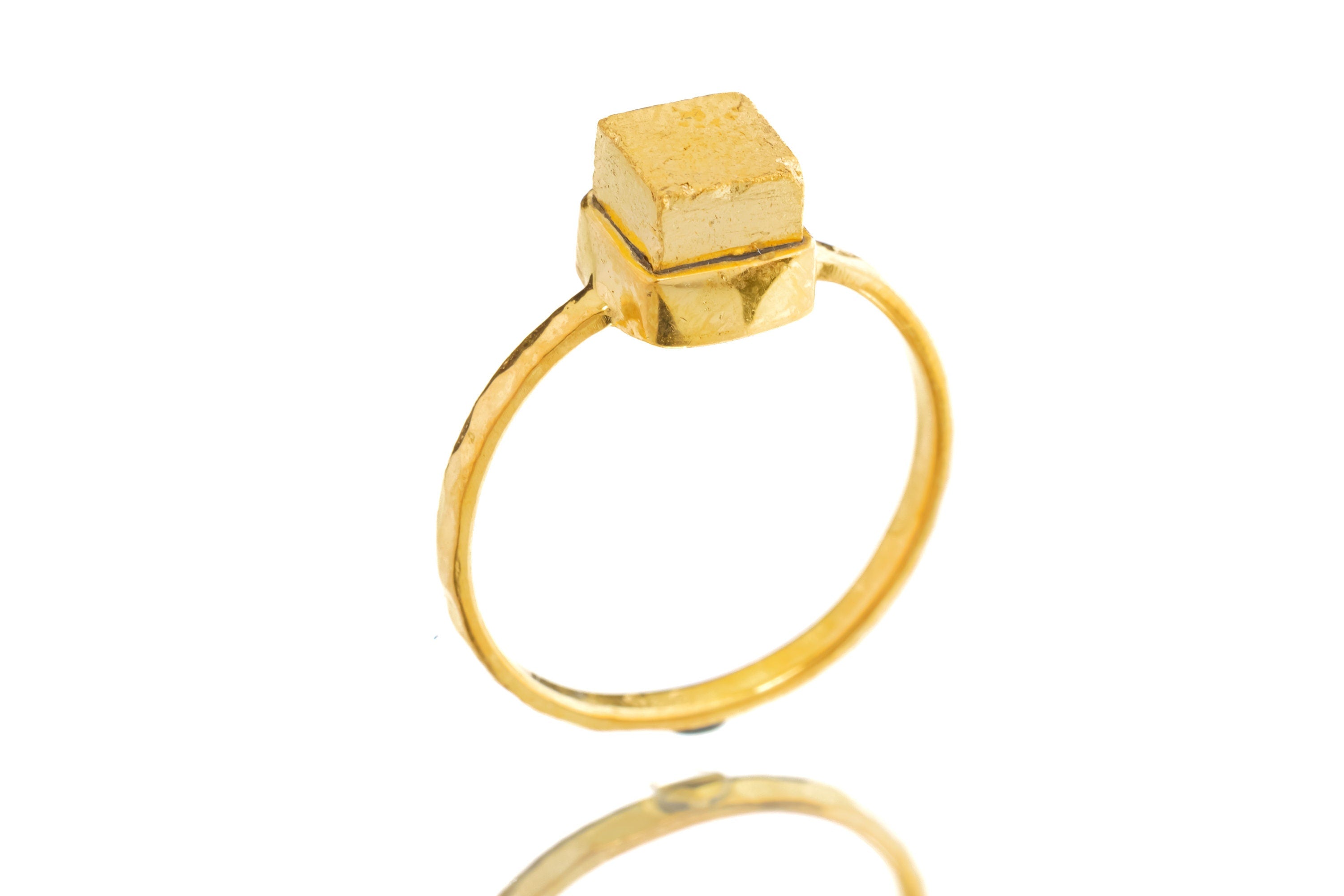 Gold Plated Pyrite Ring: Hammered Sterling Silver Band, Size 5 1/2