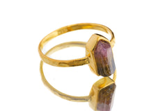 Watermelon Tourmaline Ring: Gold Plated Sterling Silver, Hammered Band (Size 5 1/2 US)