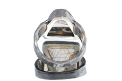 Triangle Black Rutile Quartz Cabochon - Men's / Unisex Large Crystal Ring - Size 8 3/4 US - 925 Sterling Silver - Hammer Textured & Oxidised