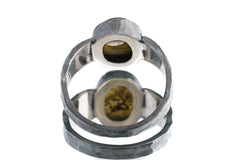 Back view of Labradorite ring showing open-back bezel construction and hammered oxidized sterling silver band.