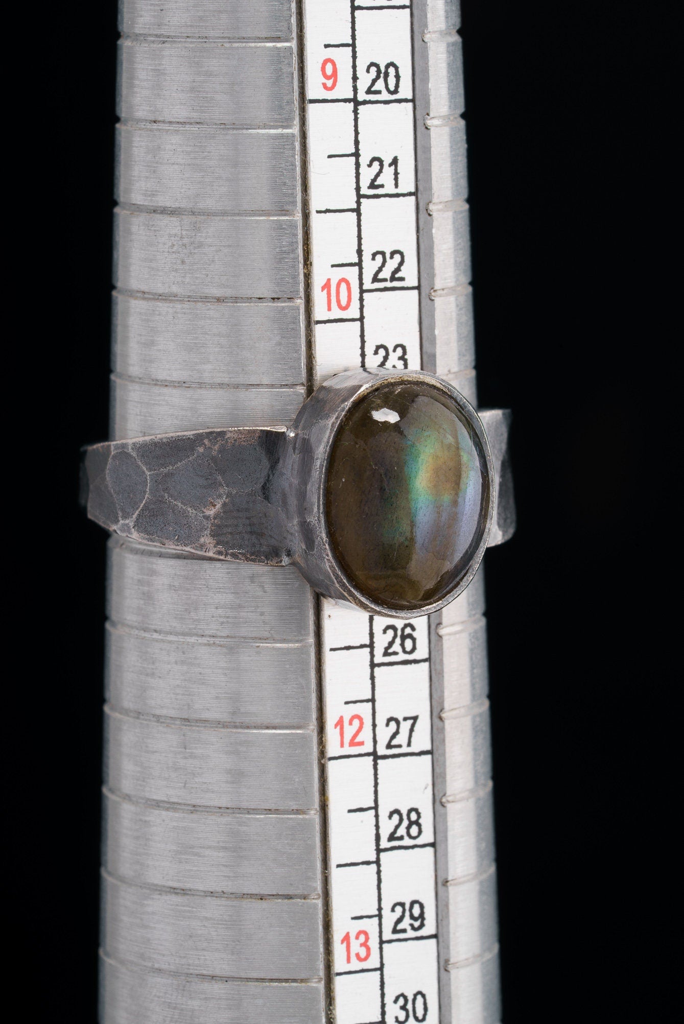 Labradorite Sterling Silver Ring - Hammered Oxidized Band, Size 11