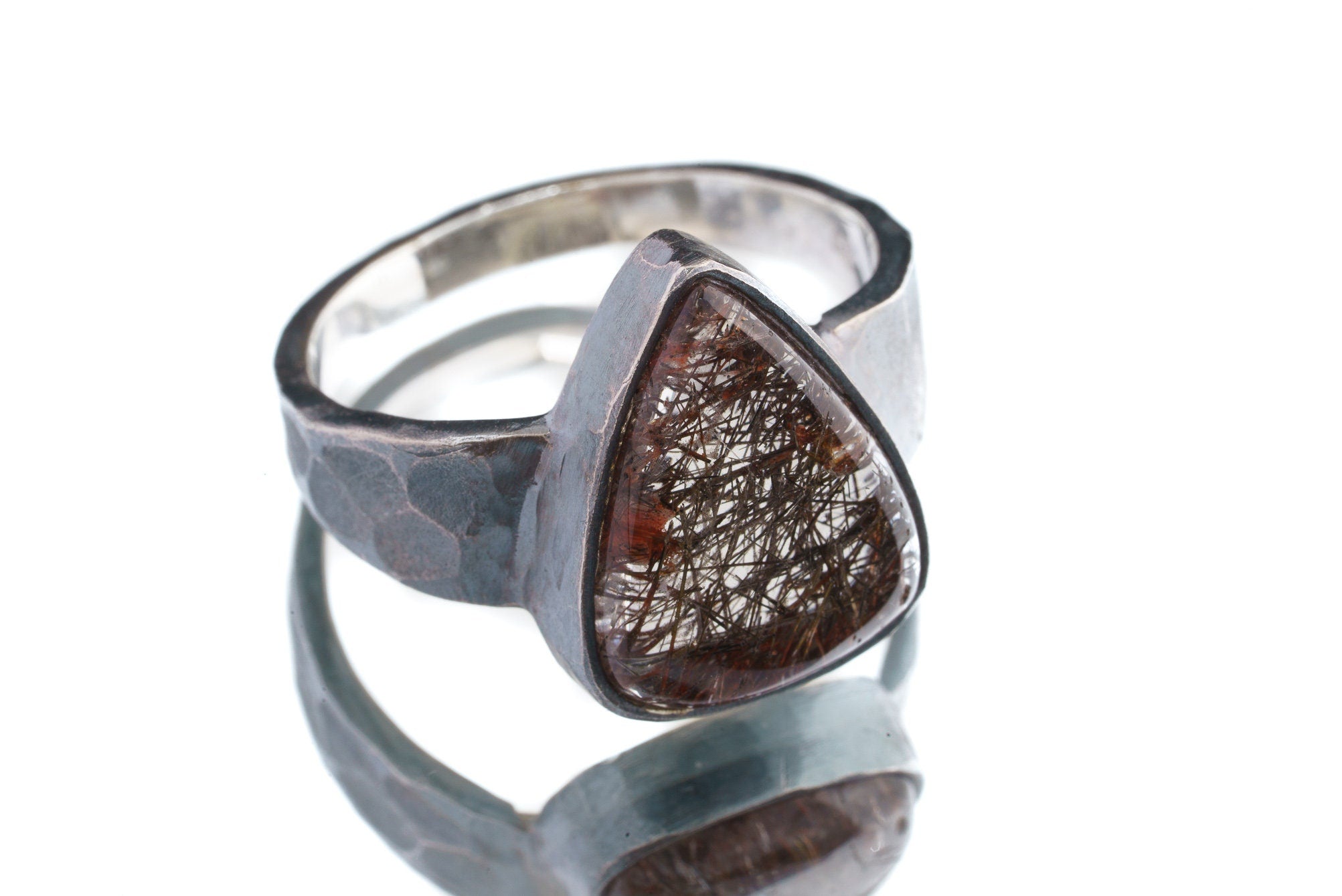Copper Rutile Quartz Ring: Hammered Oxidized Sterling Silver, Size 11 1/2