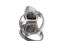 Raw Blue Quartz Dumortierite - Men's/Unisex Large Crystal Ring - Size 12 3/4 US - 925 Sterling Silver - Hammer Textured & Oxidised