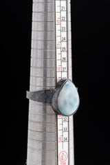 Larimar oxidized silver ring shown beside a ruler for scale, with rugged 925 sterling silver construction.