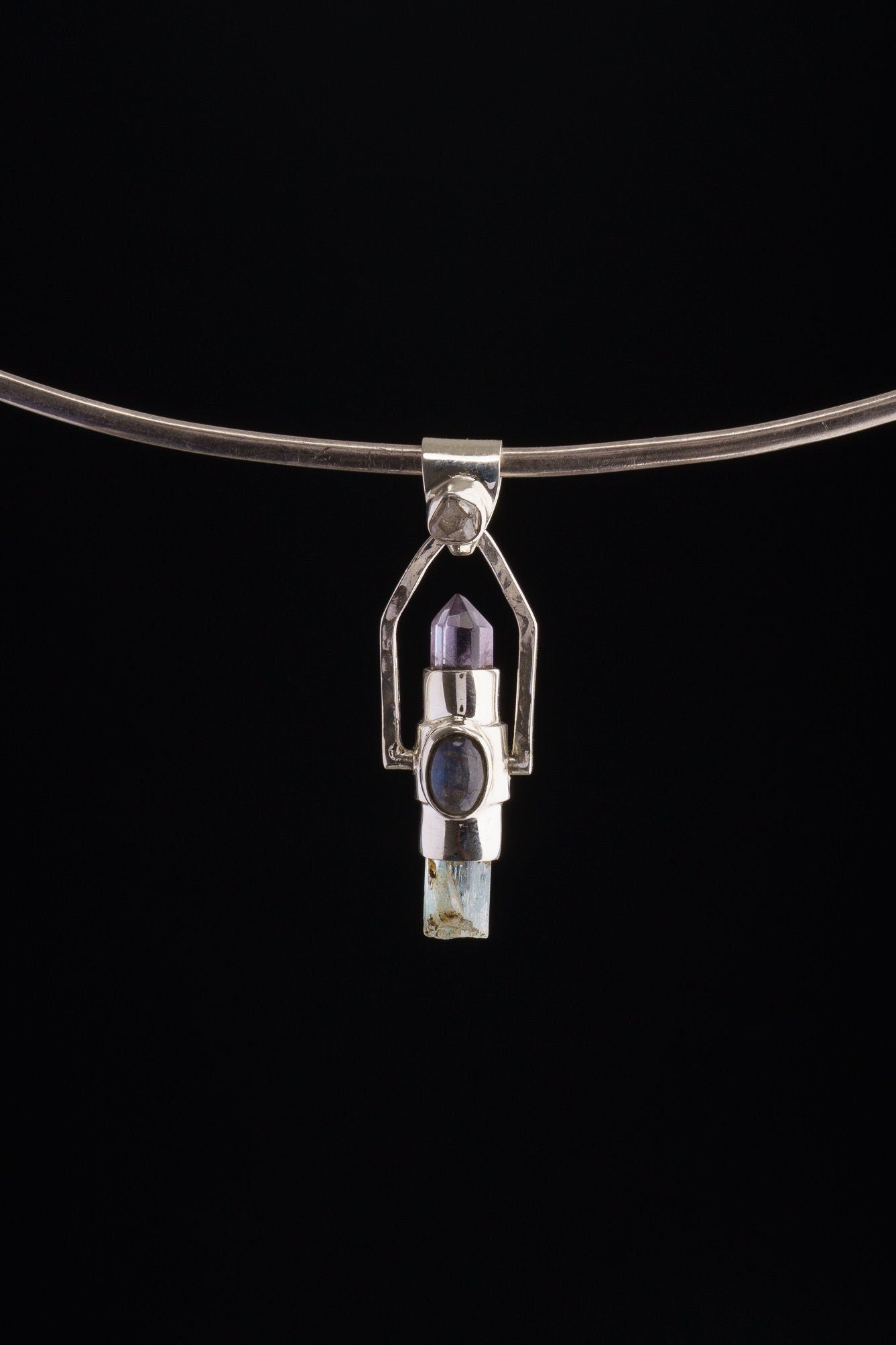 Spinning Crystal Pendant: Raw Aquamarine, Amethyst, Herkimer Diamond, Labradorite, Apatite, Sterling Silver
