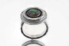 Rainbow Labradorite Ring: Oxidized Sterling Silver, Adjustable Textured Band