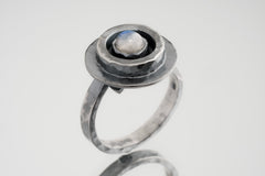 Blue Moonstone Ring: Oxidized Sterling Silver, Adjustable Textured Band