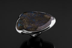Large Labradorite Silver Ring 925 Adjustable Textured Band Blue Green Flash Waved Bezel Jewelry Gift