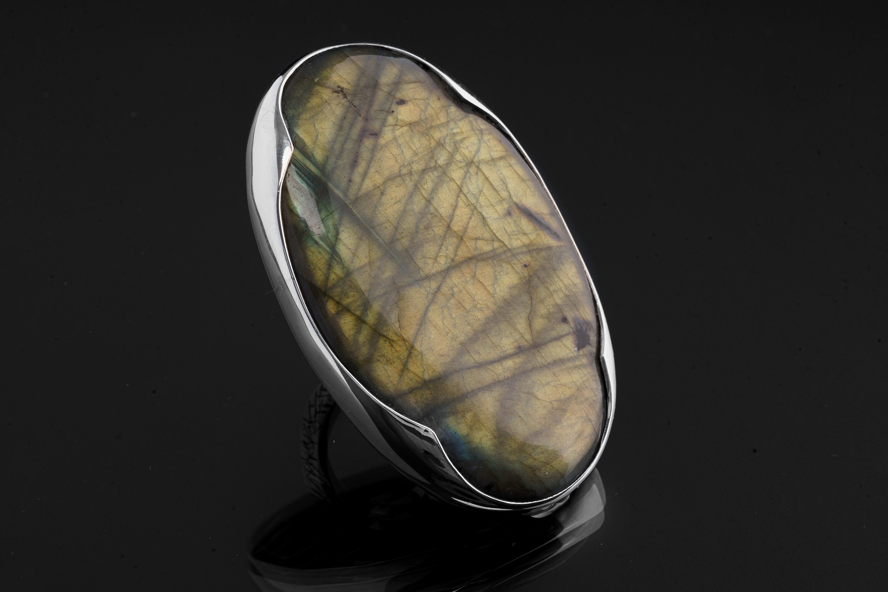 Labradorite Ring 925 Sterling Silver Adjustable Ring XXL Flash Stone Textured Band Third Eye Chakra Jewelry Gift