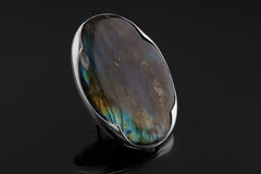 AAA Rainbow Labradorite Ring: Adjustable Sterling Silver Textured Band