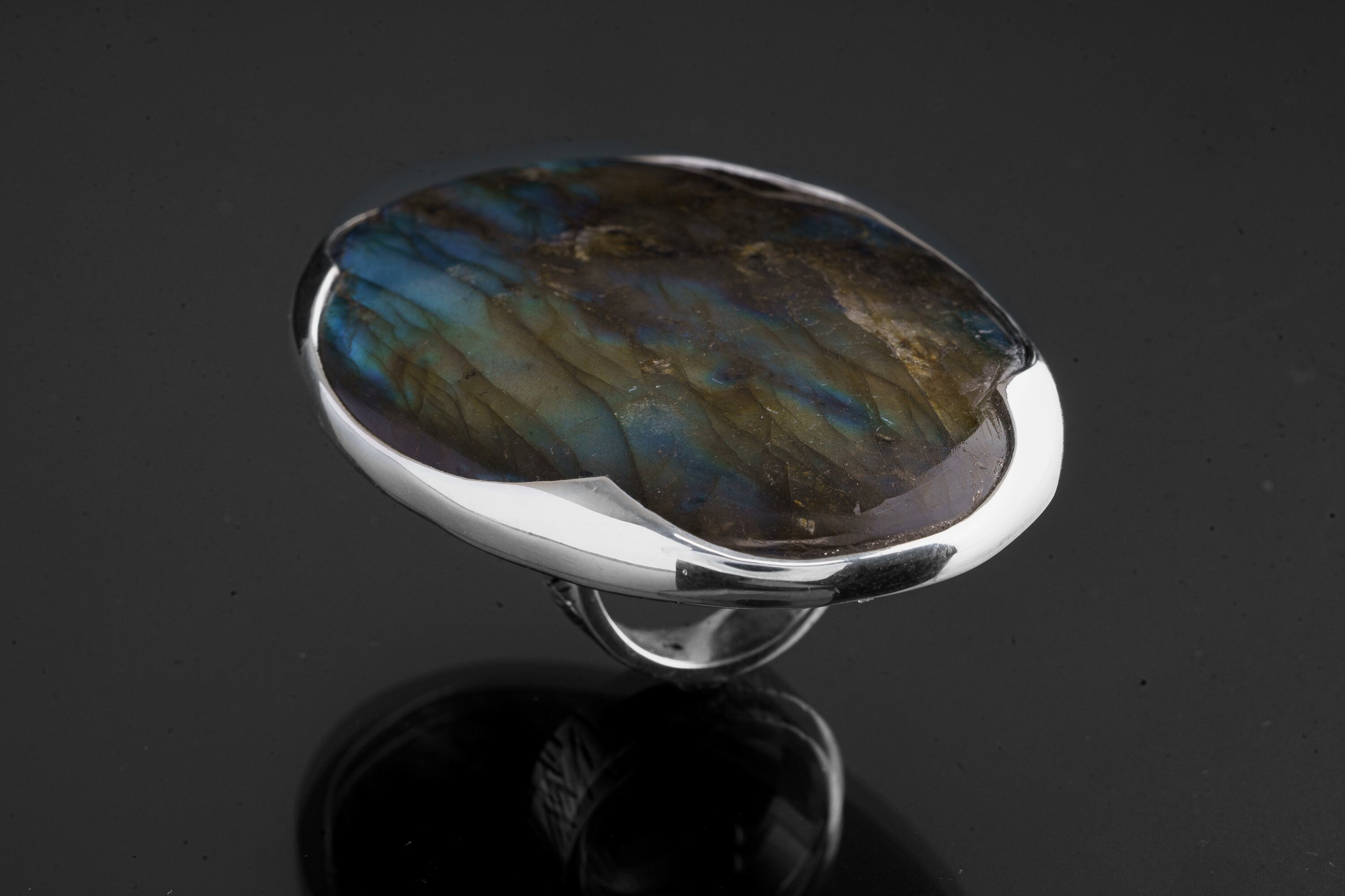 AAA Rainbow Labradorite Ring: Adjustable Sterling Silver Textured Band