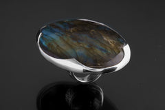 AAA Rainbow Labradorite Ring: Adjustable Sterling Silver Textured Band
