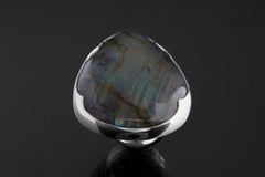 AAA Large Labradorite Ring 925 Silver Adjustable Textured Band Open Back Bezel Statement Crystal Jewelry Gift