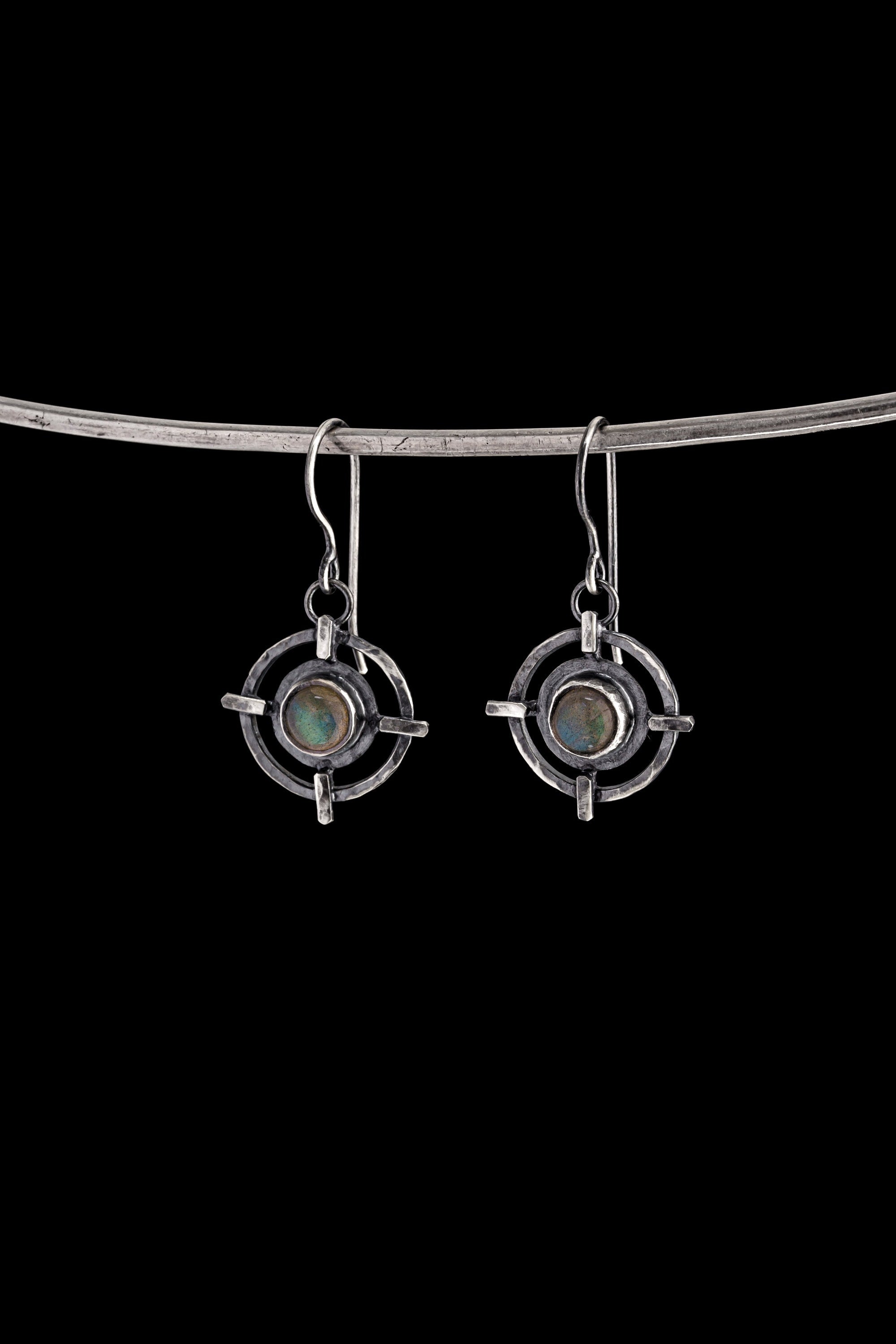Labradorite Circle Cross earrings in hammered 925 sterling silver with bezel-set stones and old-world dangle design.