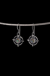 Labradorite Circle Cross earrings in hammered 925 sterling silver with bezel-set stones and old-world dangle design.