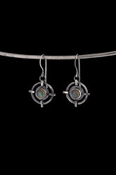 Labradorite Circle Cross earrings in hammered 925 sterling silver with bezel-set stones and old-world dangle design.