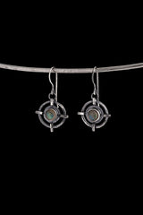 Labradorite Circle Cross earrings in hammered 925 sterling silver with bezel-set stones and old-world dangle design.