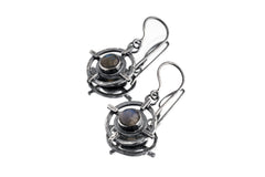 Old World Labradorite earrings shown on a white background with hammered silver circles and cross-inspired details.