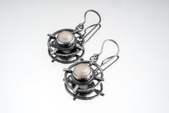 South Sea Pearl Earrings 925 Sterling Silver Textured Cross Circle Earrings Old World Oxidized Pearl Jewelry Gift