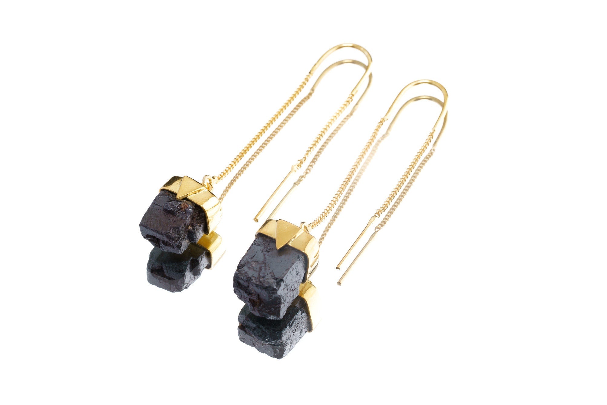Golden Pyrite dangle earrings in gold-plated 925 sterling silver with bezel-set metallic stones and fine hook wires.