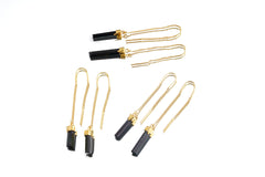 Collection of handmade gold-plated Tourmaline dangle earrings shown on white background with dark crystal drops.