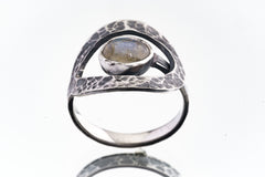 Round Rainbow Labradorite - 925 Sterling Silver - Heavy Set Adjustable Loop Ring - Hammer Textured - Size 5-9 US - NO/16