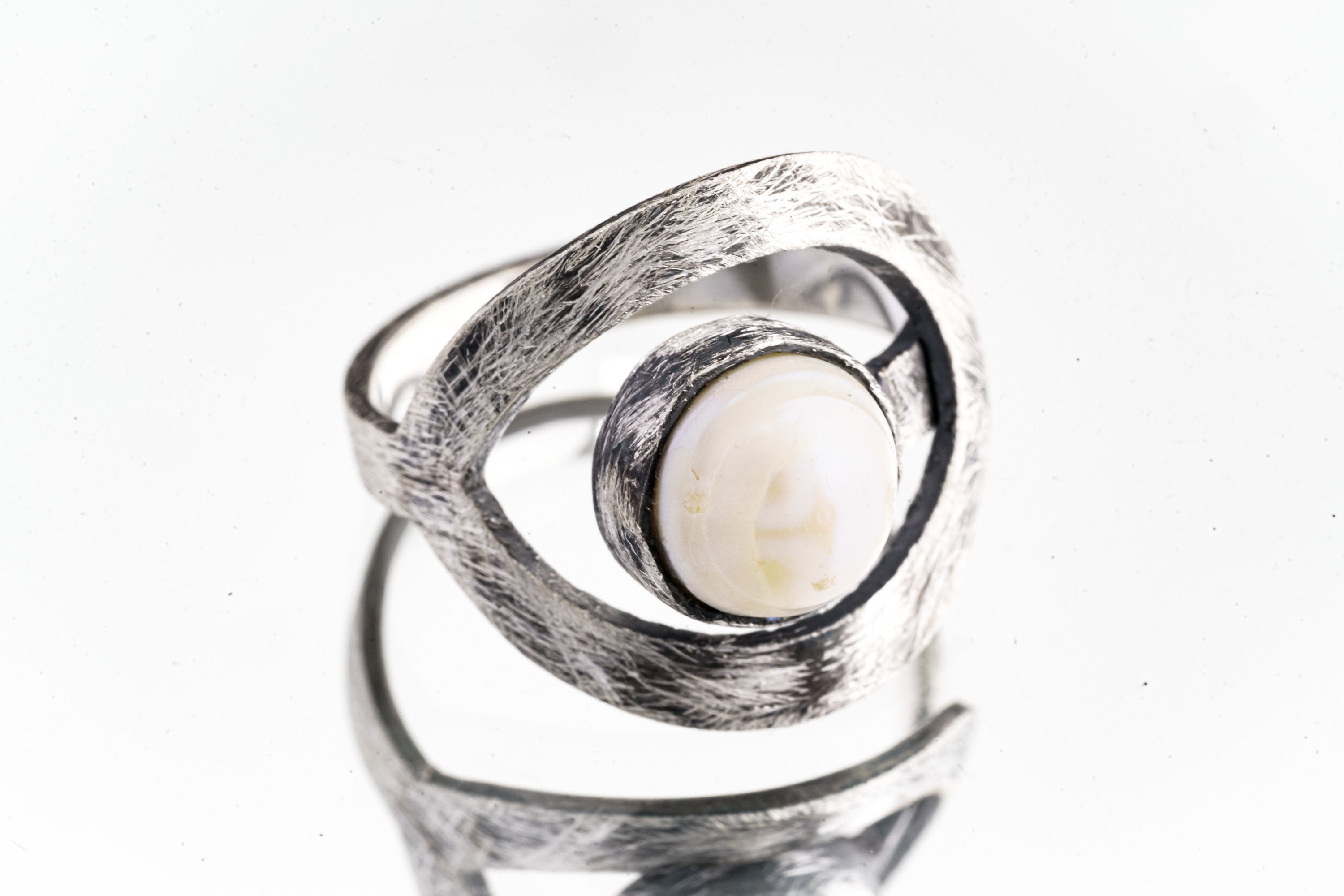 Adjustable Natural Pearl Ring: Scratch Textured Sterling Silver