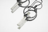 Himalayan Aquamarine hoop earrings in handmade 925 sterling silver with hammer-textured circle design and raw crystal wands.
