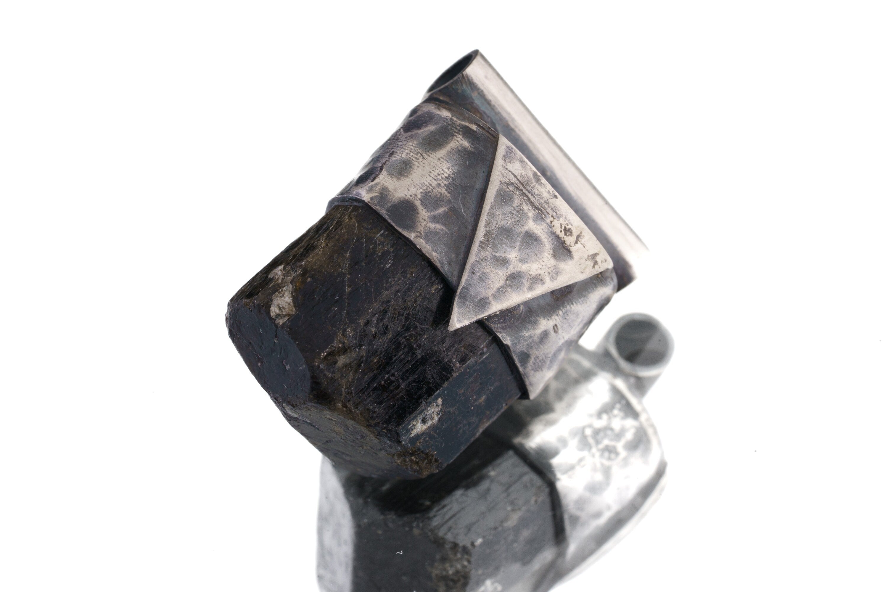 Himalayan Dravite Tourmaline Stack Pendant shown on a light background with oxidized sterling silver cap and dark terminated crystal.