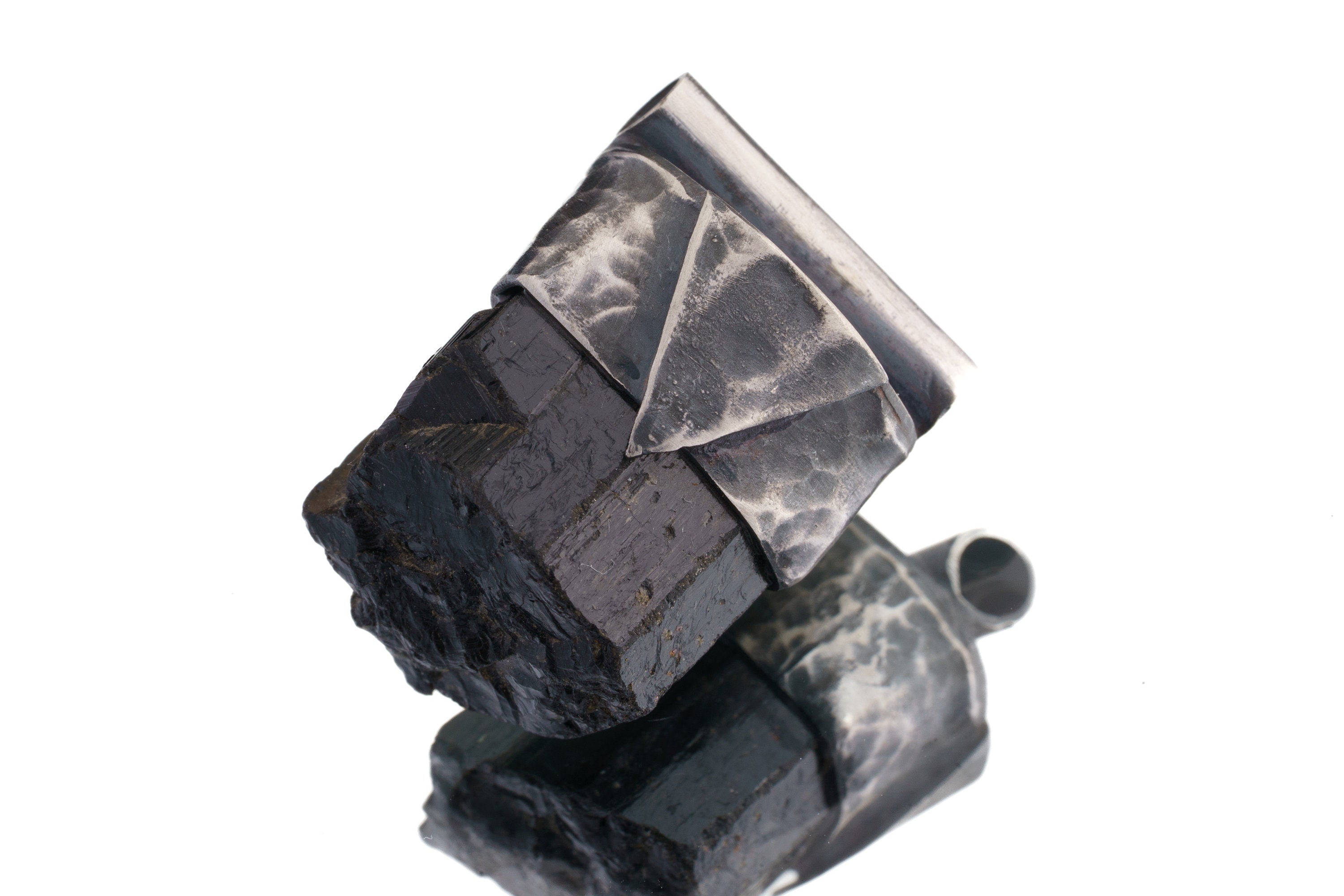 Himalayan Dravite Tourmaline Stack Pendant shown on white background with oxidized sterling silver cap and dark terminated crystal.