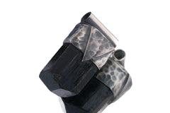 Close-up of terminated Himalayan Dravite Tourmaline in a handmade oxidized sterling silver Stack Pendant cap.