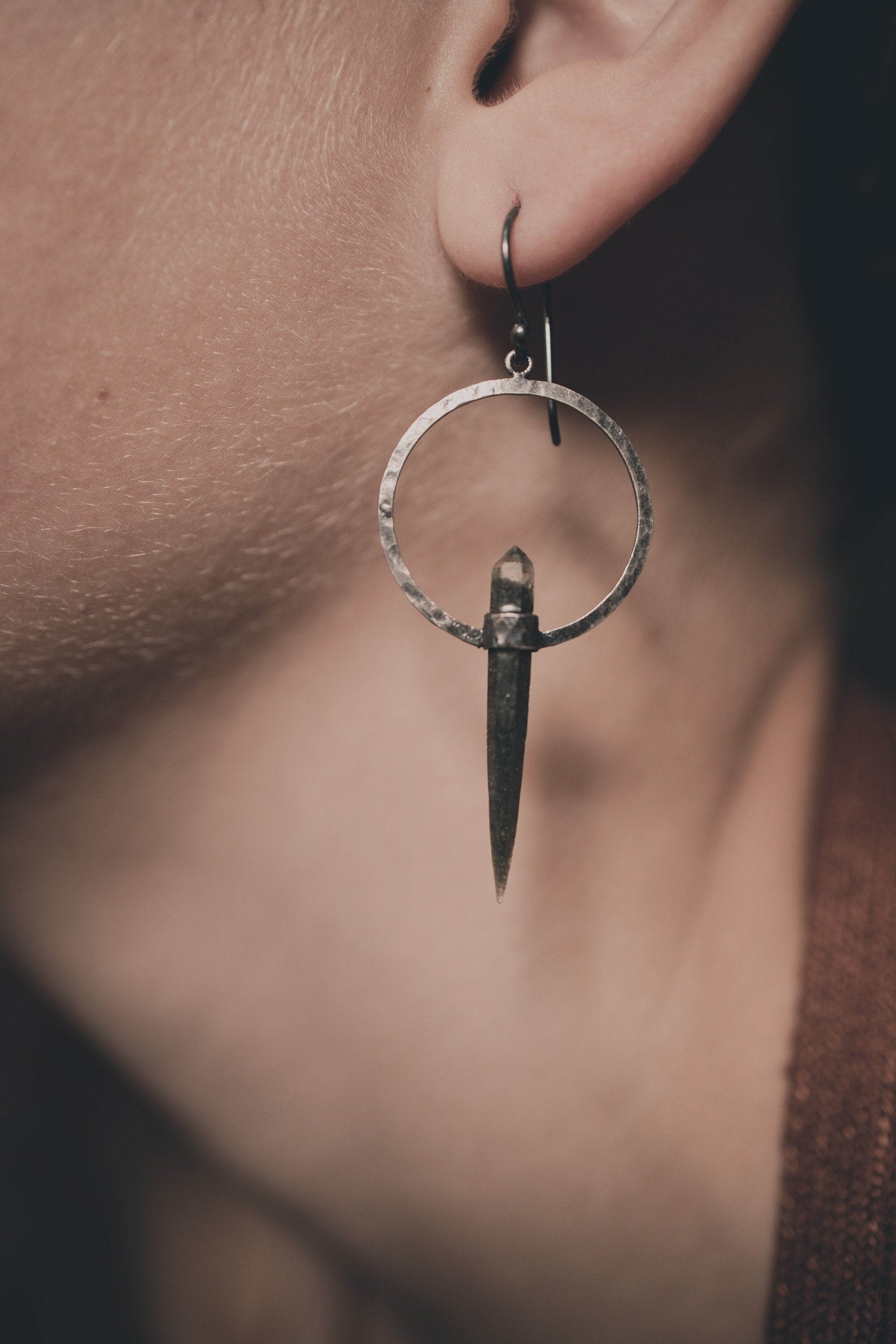 Sterling Silver Hoop Hook Dangle Earrings with Himalayan Double Terminated Chlorite Phantom Quartz Circle Portal Setting Oxidized & Textured