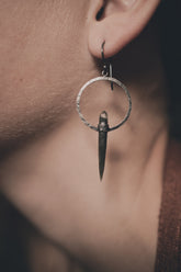 Sterling Silver Hoop Hook Dangle Earrings with Himalayan Double Terminated Chlorite Phantom Quartz Circle Portal Setting Oxidized & Textured