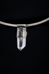 Nepal Inclusion Quartz South Sea Pearl Stack Pendant shown on black background with silver choker and clear crystal drop.