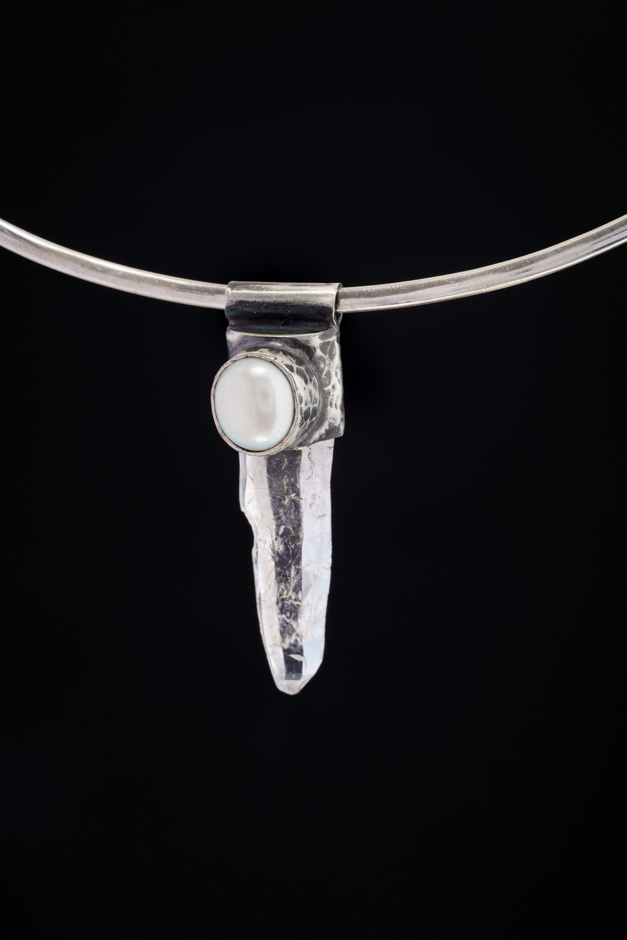 Nepal Inclusion Quartz South Sea Pearl Stack Pendant shown on black background with oxidized sterling silver cap and clear crystal point.