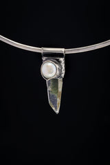 Nepal Quartz and South Sea Pearl Stack Pendant shown on black background with silver choker and clear included crystal drop.