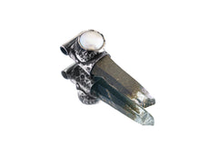 Nepal Quartz and South Sea Pearl Stack Pendant shown on white background with oxidized silver cap and pointed crystal body.
