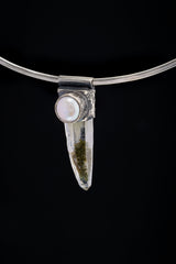 Nepal Inclusion Quartz South Sea Pearl Stack Pendant shown on black background with oxidized sterling silver cap and clear included crystal point.