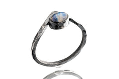 Blue Moonstone Ring: Hammered Sterling Silver Boho Stack Ring