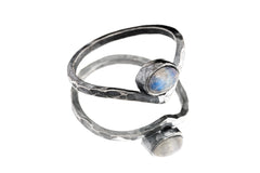 Blue Moonstone Ring: Hammered Sterling Silver Boho Stack Ring