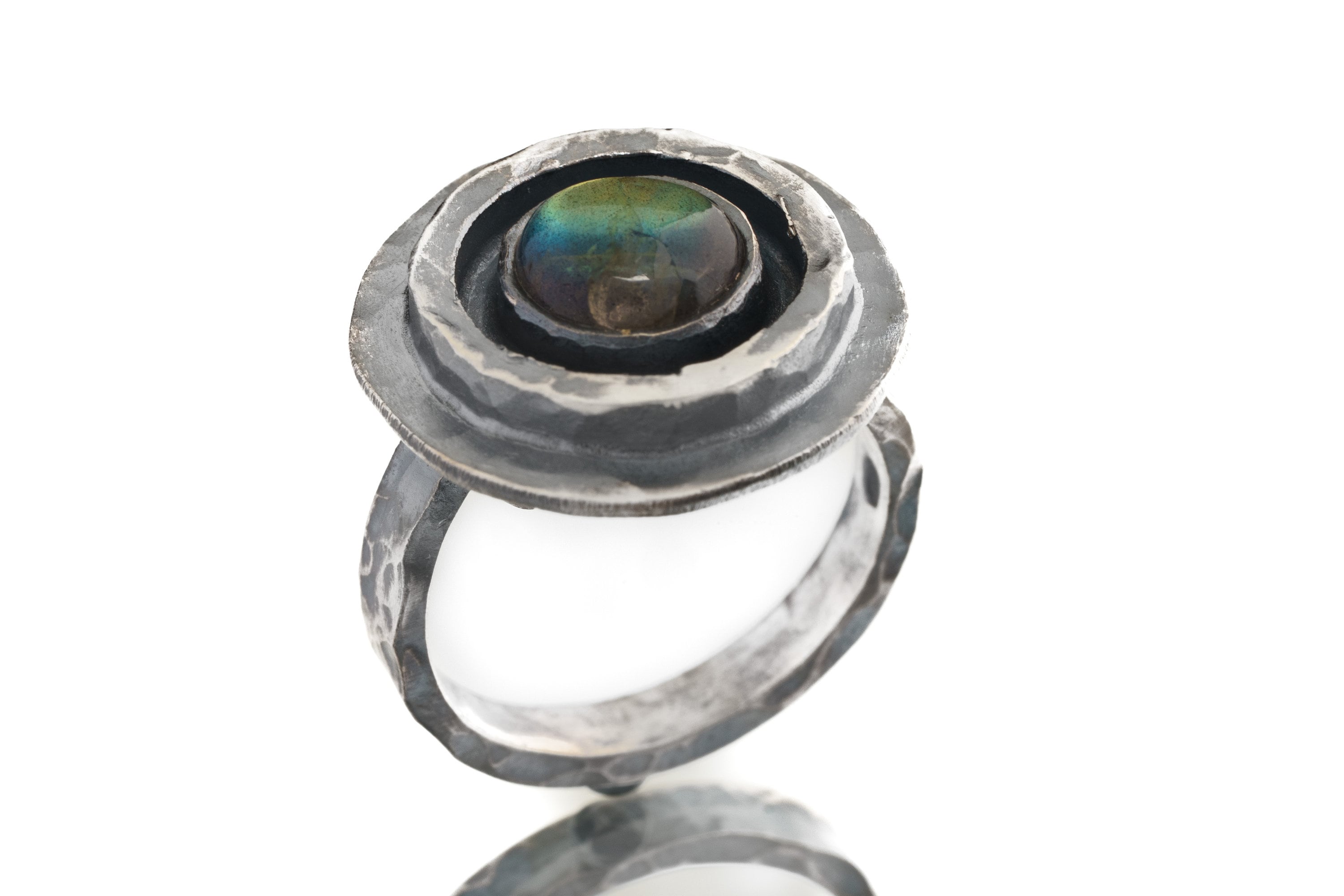 Old World Labradorite Adjustable Ring shown on white background with layered sterling silver bezel and blue-green gemstone flash.