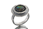 Old World Labradorite Adjustable Ring shown on white background with layered sterling silver bezel and blue-green gemstone flash.