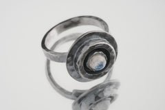 Blue Moonstone Ring: Oxidized Sterling Silver, Adjustable Textured Band