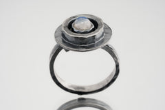 Blue Moonstone Ring: Oxidized Sterling Silver, Adjustable Textured Band