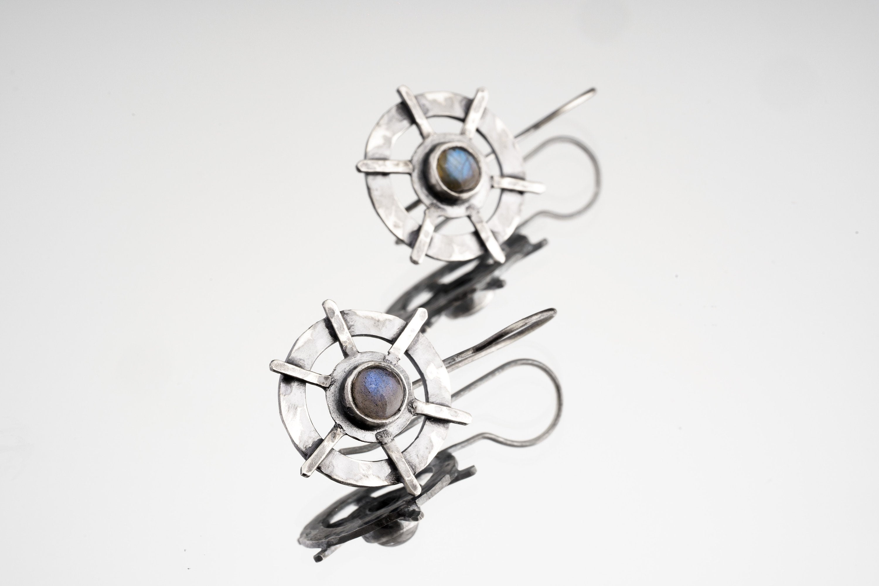 Old World Labradorite Circle Cross earrings in hammered 925 sterling silver with bezel-set stones and layered dangle design.