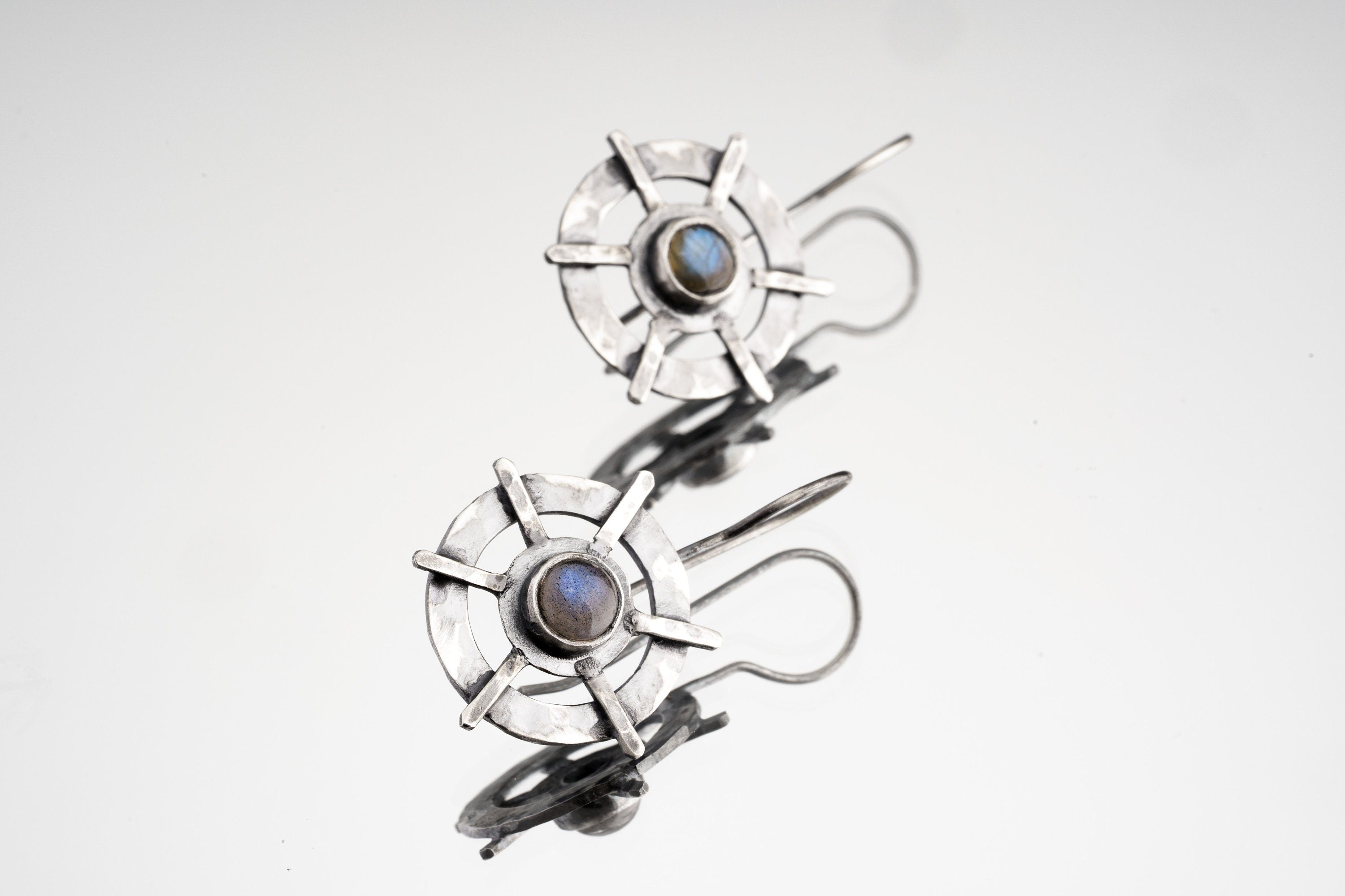 Old World Labradorite Circle Cross earrings in hammered 925 sterling silver with bezel-set stones and layered dangle design.