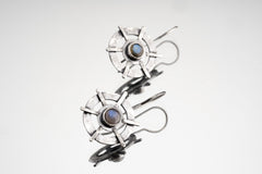 Old World Labradorite Circle Cross earrings in hammered 925 sterling silver with bezel-set stones and layered dangle design.