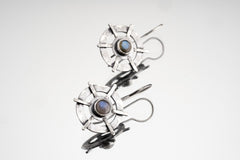 Old World Labradorite Circle Cross earrings in hammered 925 sterling silver with bezel-set stones and layered dangle design.