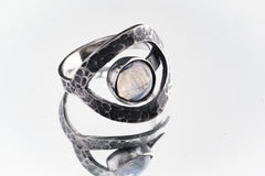 Blue Moonstone Ring, 925 Sterling Silver, Adjustable Hammered Band, Boho Stacking Statement Jewelry, ,Size 5–9 US, Best Gift