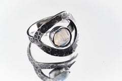 Blue Moonstone Ring, 925 Sterling Silver, Adjustable Hammered Band, Boho Stacking Statement Jewelry, ,Size 5–9 US, Best Gift